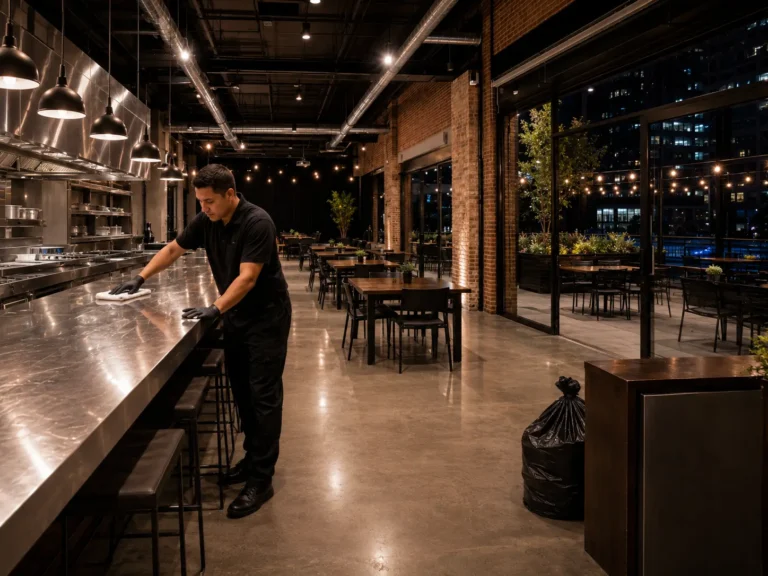 Man cleaning West Loop restaurant after event