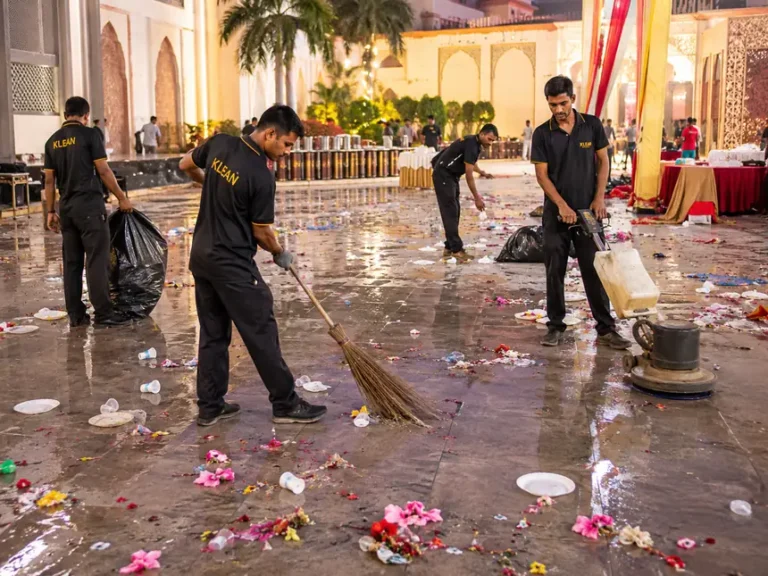 Team cleaning dirty event courtyard.